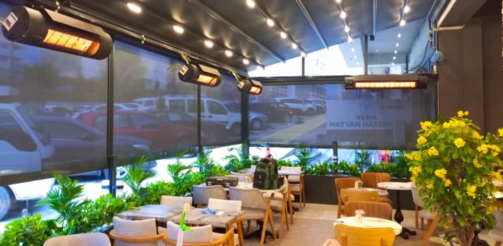 commercial café heated with efficient radiant heaters